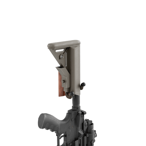 Close-up of a rifle with a scope attachment on a transparent background