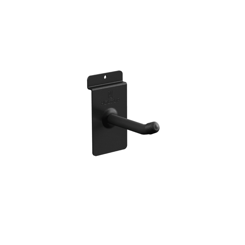Hold Up Displays Padded Display Hook HD34 black padded display hook for organizing tactical gear and gun accessories on wall or slatwall