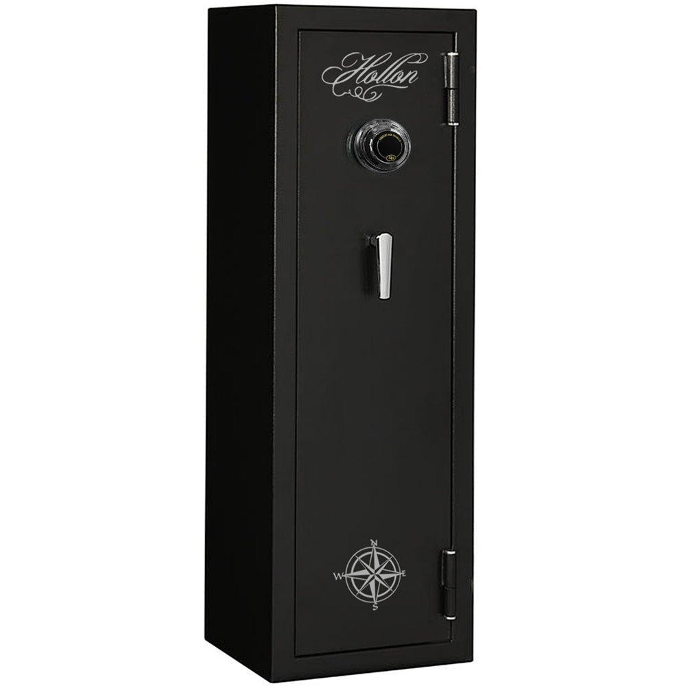 Hollon HGS-11C Hunter Series 11 gun safe closed, textured black finish with S&G Group 2 mechanical dial and chrome handle