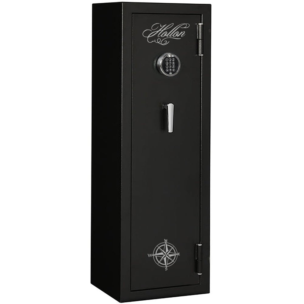 Hollon HGS-11E Hunter Series 11 gun safe closed, textured black finish with S&G electronic keypad and chrome handle
