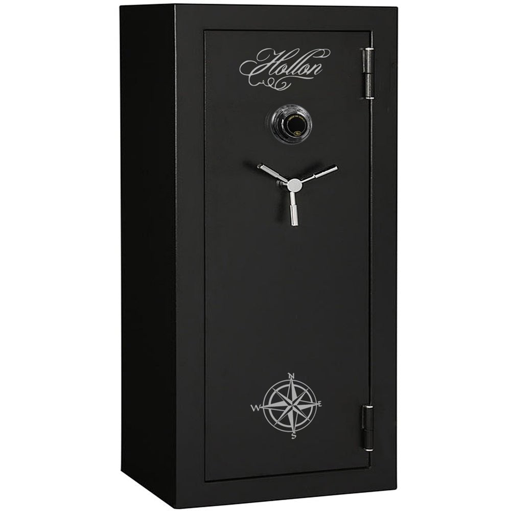 Hollon HGS-16C Hunter Series 16 gun safe closed, textured black with S&G Group 2 spy-proof dial and chrome 3-spoke handle