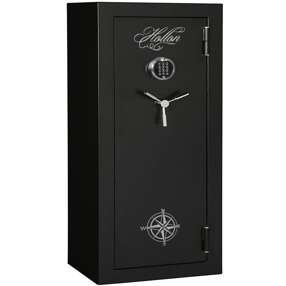Hollon HGS-16E Hunter Series 16 gun safe closed, textured black with S&G electronic keypad and chrome 3-spoke handle