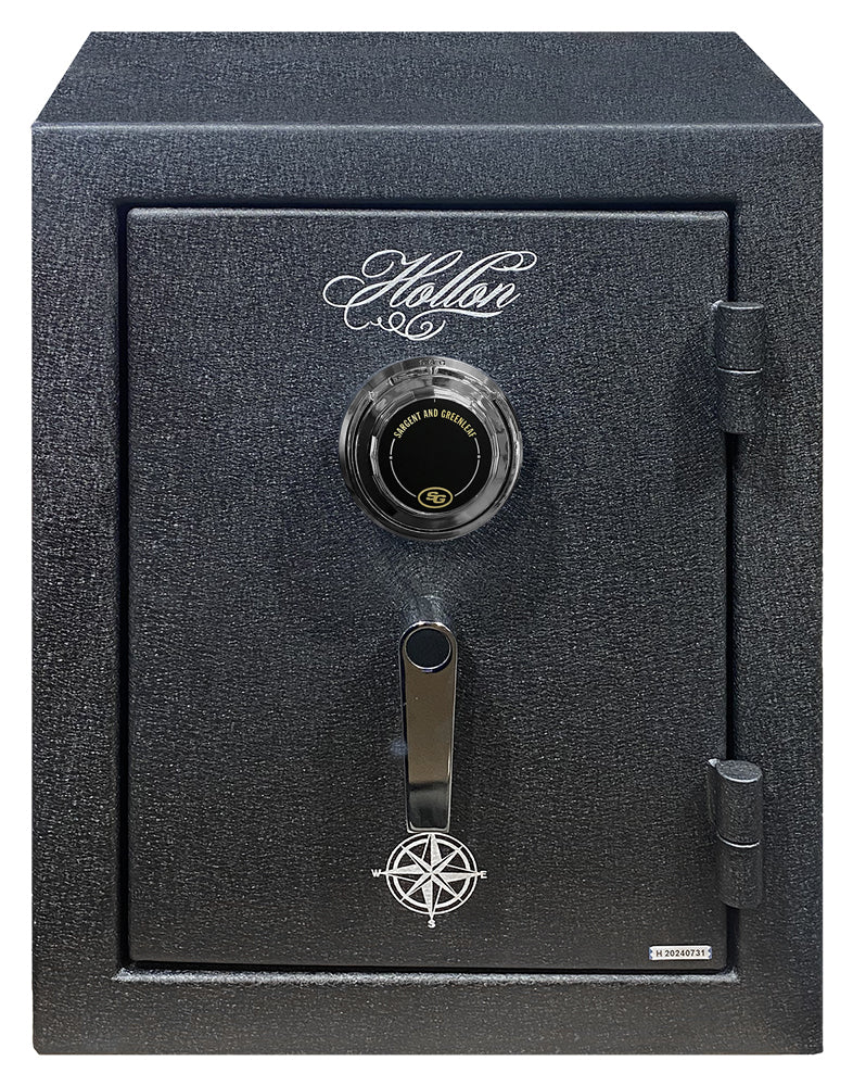 Hollon HGS-6C Hunter Series fireproof safe closed, textured black with chrome S&G Group 2 spy-proof dial and chrome L-handle