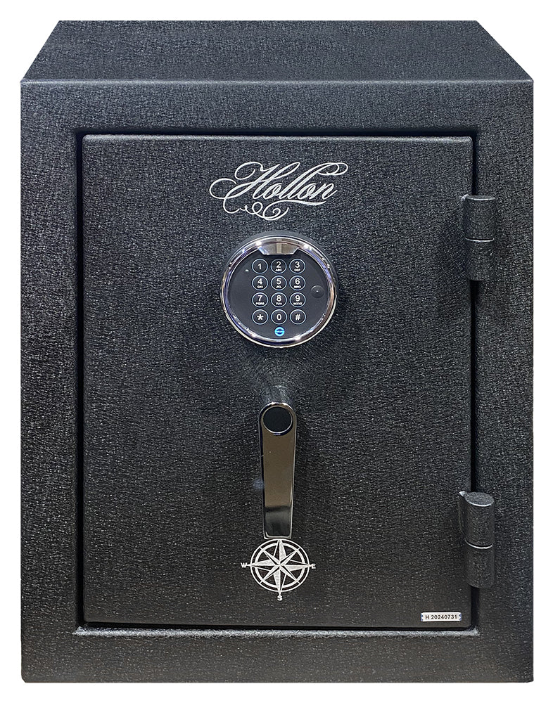 Hollon HGS-6E Hunter Series fireproof safe closed, textured black with S&G electronic keypad and chrome L-handle