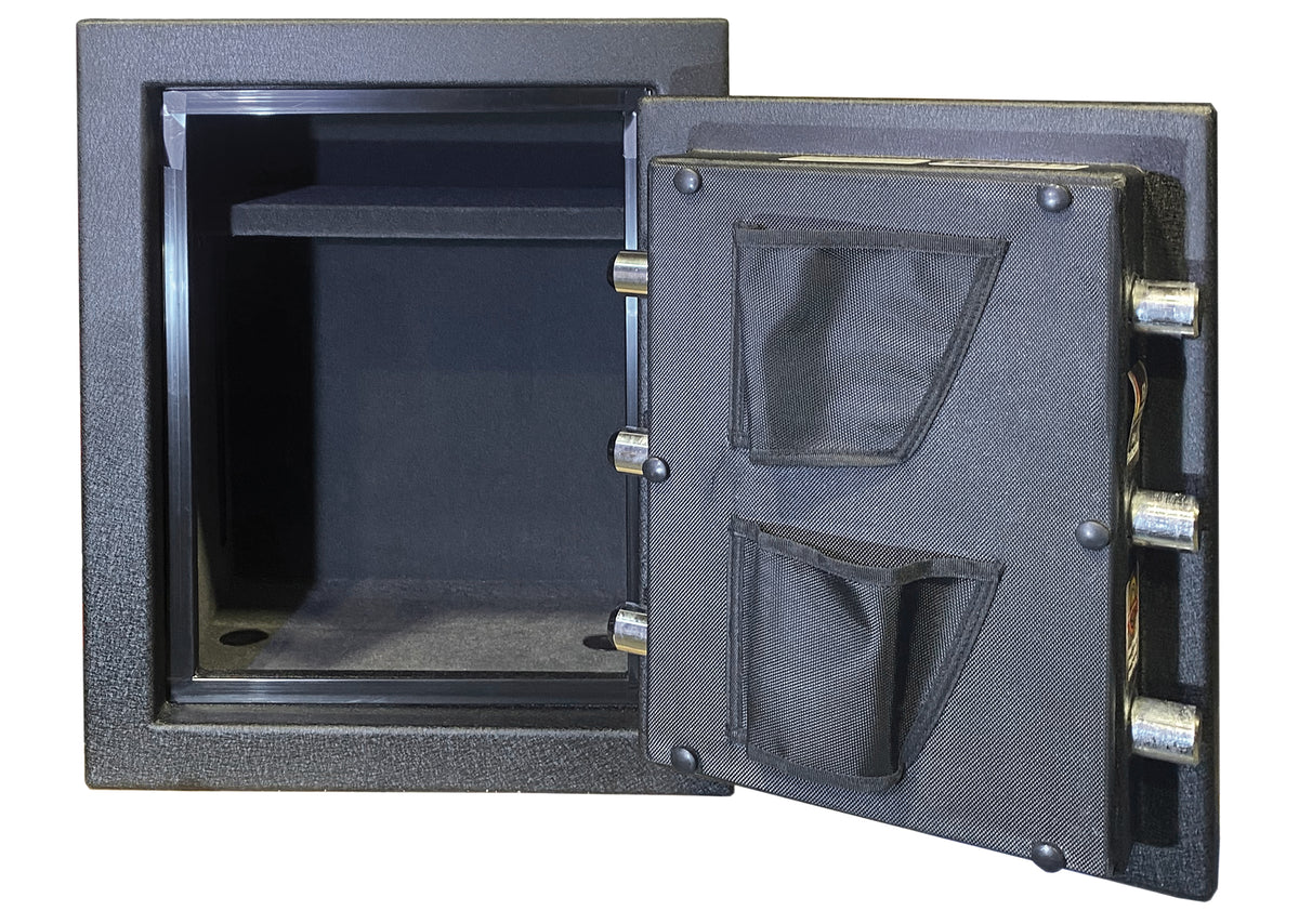 Hollon HGS-6E Hunter Series fireproof safe interior with shelf, door-mounted pistol pockets, and chrome locking bolts