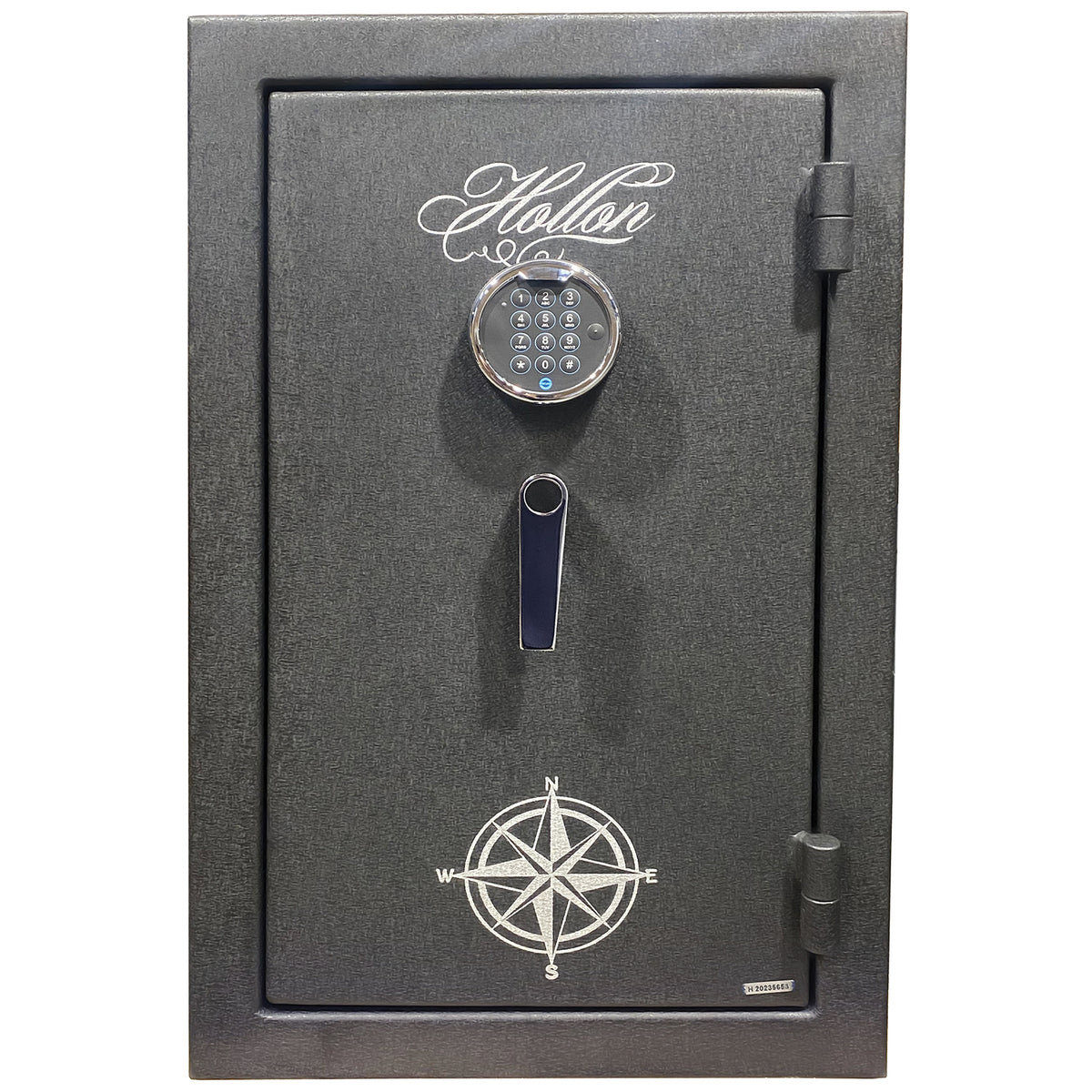 Hollon HGS-8E Hunter Series fireproof safe closed, textured black with chrome-trimmed S&G electronic keypad and chrome bar handle