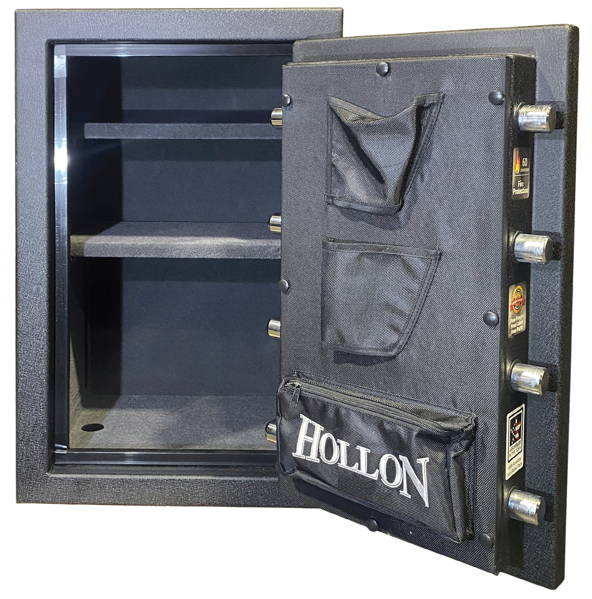 Hollon HGS-8E Hunter Series interior with two adjustable shelves, door pistol pockets, and chrome locking bolts