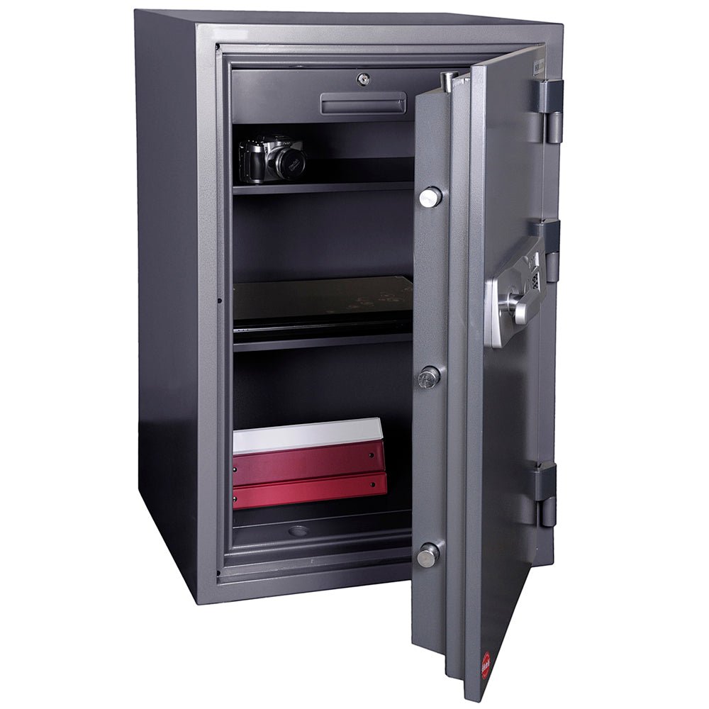 Hollon HS-1000E fireproof office safe in charcoal with door fully open showing the interior compartment with adjustable shelves, a key-locking interior drawer at the base, pre-drilled bottom anchor hole for floor mounting, four-way chrome active locking bolts along the top, bottom, lock side, and hinge side of the door edge, and internal re-locker