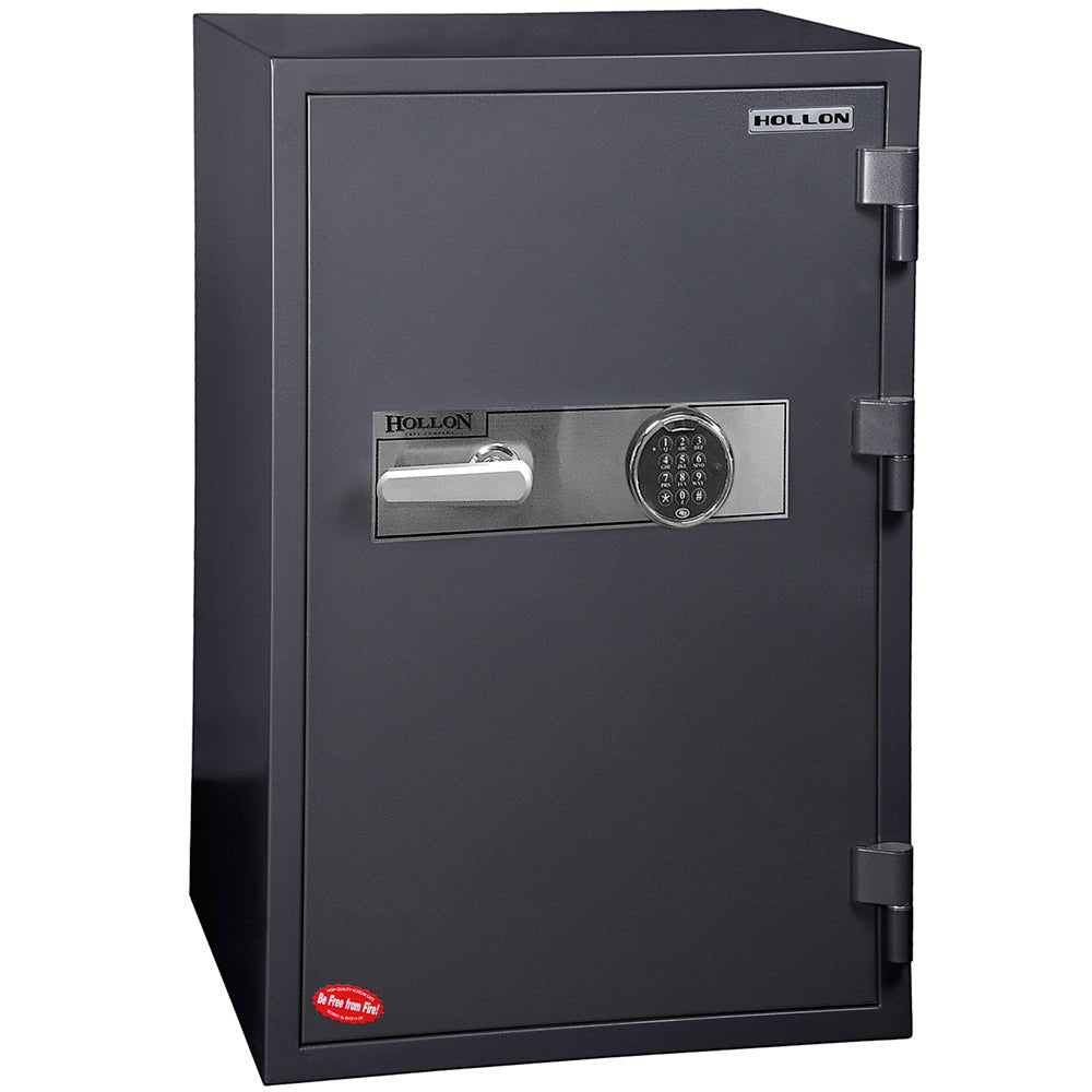 Hollon HS-1000E 2-hour fireproof office safe in charcoal with S&G round digital electronic keypad on the door front, chrome three-spoke handle, 2-hour fire rating at 1,700 degrees Fahrenheit, 440 pounds, 36.5 by 23.63-inch tall upright cabinet