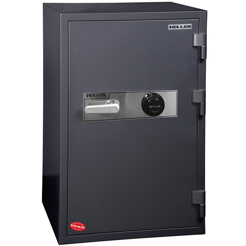 Hollon HS-1000C 2-hour fireproof office safe in charcoal with S&G Group 2 mechanical dial combination lock on the door front, chrome three-spoke handle, 2-hour fire rating at 1,700 degrees Fahrenheit, 440 pounds, 36.5 by 23.63-inch tall upright cabinet