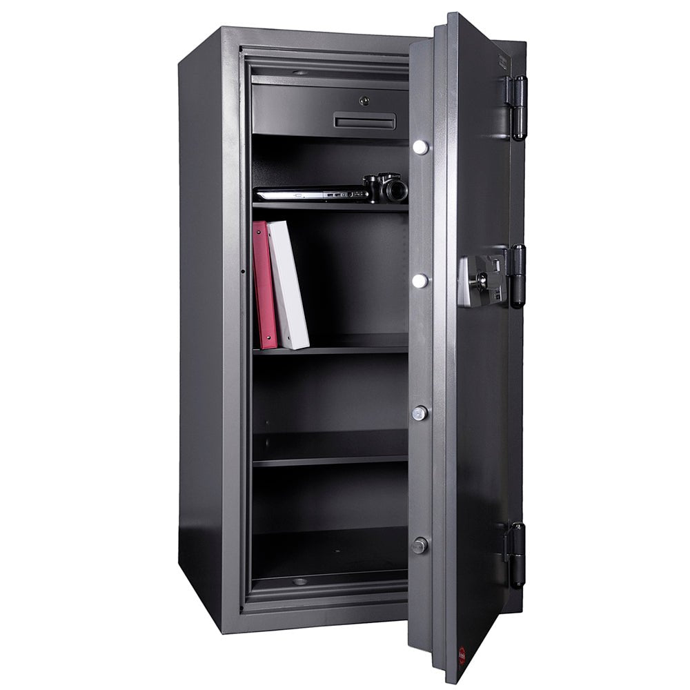 Hollon HS-1400E fireproof office safe in charcoal with door fully open showing the tall interior compartment with adjustable shelves, a key-locking interior drawer at the base, pre-drilled bottom anchor hole for floor mounting, four-way chrome active locking bolts along the top, bottom, lock side, and hinge side of the door edge, and internal re-locker