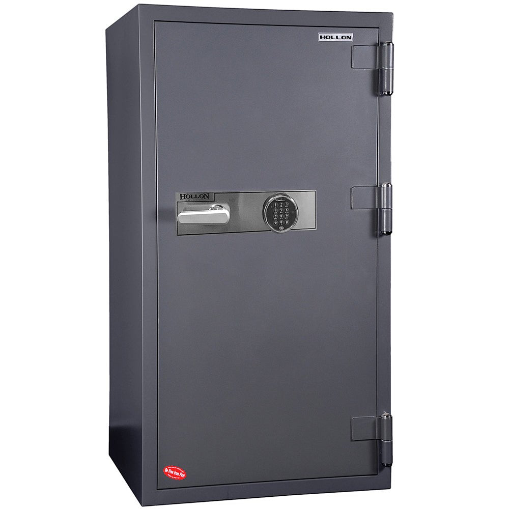 Hollon HS-1400E 2-hour fireproof office safe in charcoal with S&G round digital electronic keypad on the door front, chrome three-spoke handle, 2-hour fire rating at 1,700 degrees Fahrenheit, 704 pounds, 52 by 27.56-inch tall upright cabinet