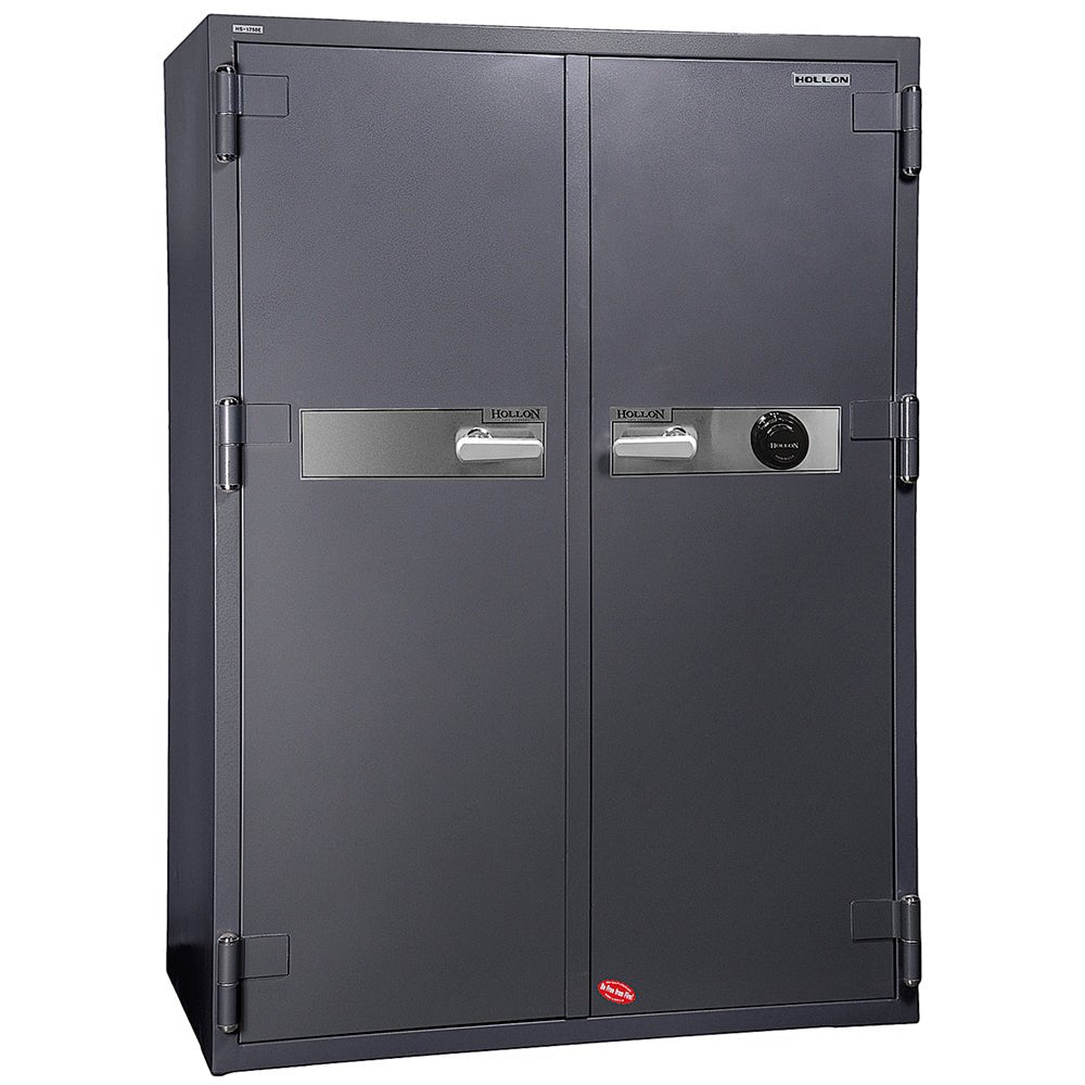 Hollon HS-1750C 2-hour fireproof double-door office safe in charcoal with S&G UL Group 2 mechanical dial combination lock on the door front, chrome handles on both doors, 2-hour fire rating at 1,700 degrees Fahrenheit, 1,650 pounds, 63.50 by 45.29-inch tall wide cabinet