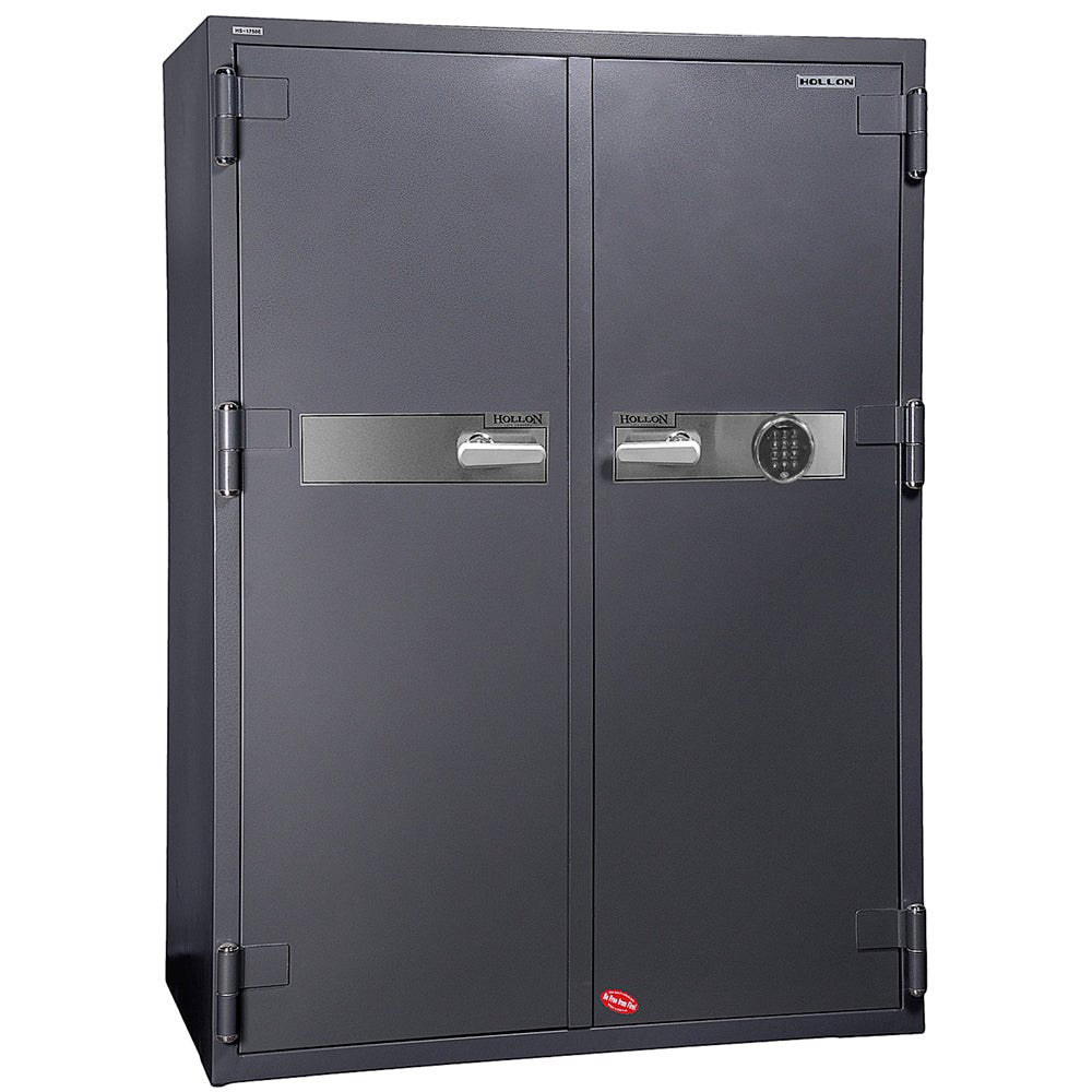 Hollon HS-1750E 2-hour fireproof double-door office safe in charcoal with S&G round digital electronic keypad on the door front, chrome handles on both doors, 2-hour fire rating at 1,700 degrees Fahrenheit, 1,650 pounds, 63.50 by 45.29-inch tall wide cabinet