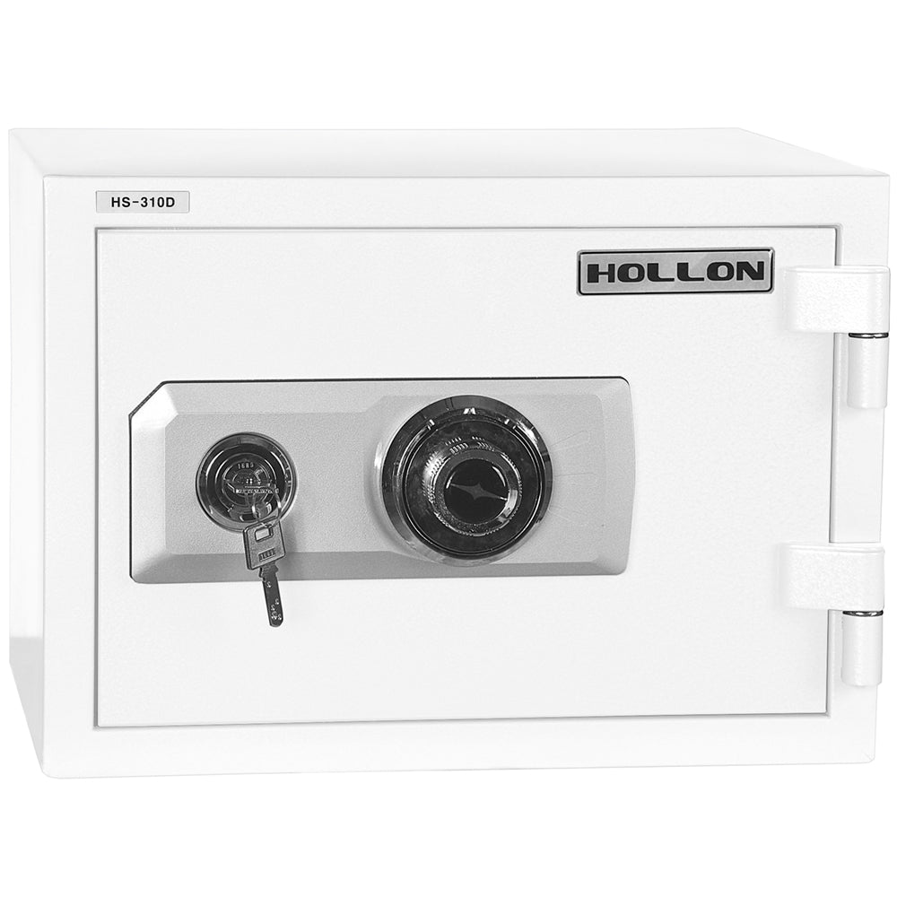Hollon HS-310D fireproof home safe in white with dual-control lock showing key inserted in the key lock on the left and mechanical combination dial on the right, with Hollon branded nameplate, front view