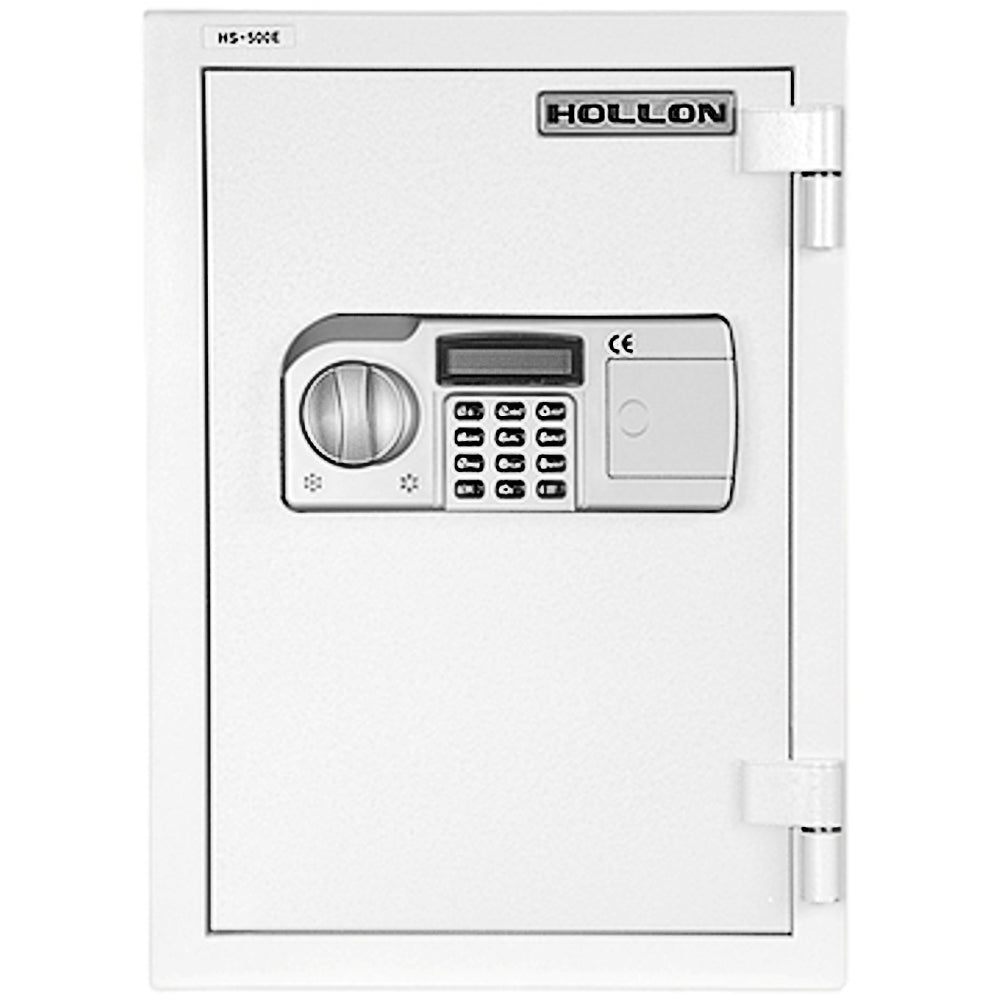 Hollon HS-500E fireproof home safe in white upright orientation with digital electronic keypad, LCD display, round dial, "HS-500E" model label, and Hollon branded nameplate, front view