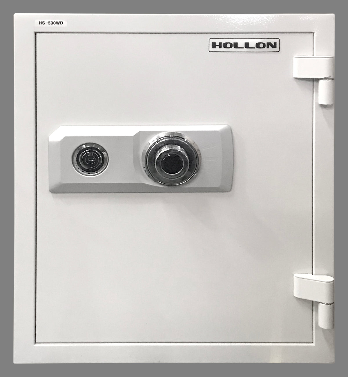 Hollon HS-530WD fireproof home safe in white with dual-control mechanical lock featuring key cylinder and combination dial on a chrome lock plate, Hollon logo at top right, HS-530WD model label at top left, and external hinges on the right side, front closed view