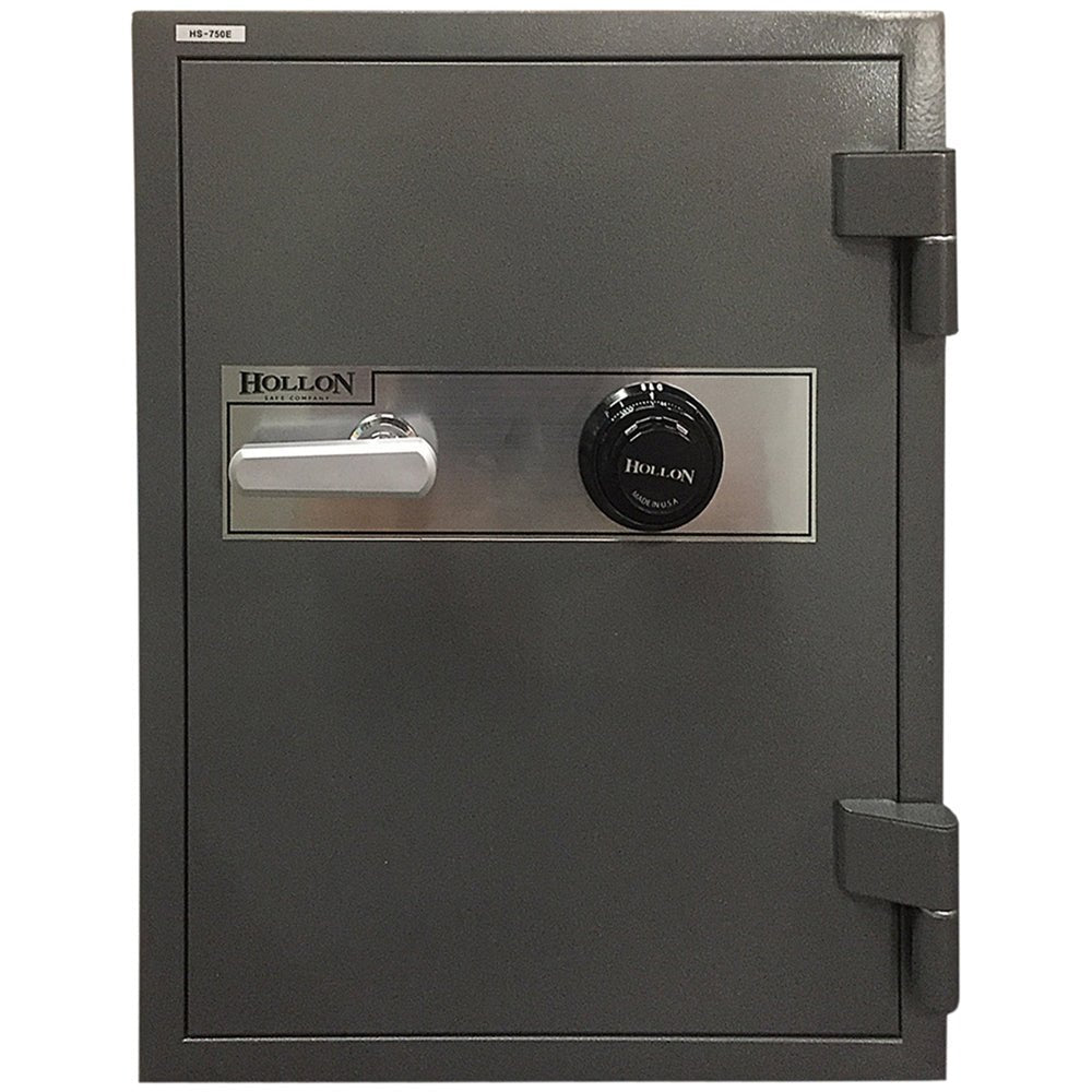 Hollon HS-750C 2-hour fireproof office safe in solid gray with S&G Group 2 mechanical dial combination lock on the door front, chrome three-spoke handle, 2-hour fire rating at 1,700 degrees Fahrenheit, 297 pounds, 27 by 21-inch upright cabinet