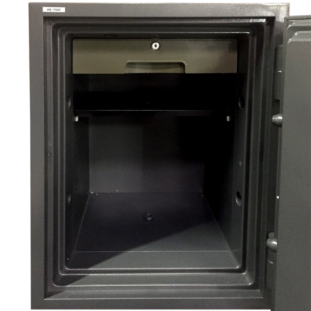 Hollon HS-750E fireproof office safe in solid gray with door fully open showing the empty interior compartment with adjustable shelves, a key-locking interior drawer at the base, pre-drilled bottom anchor hole for floor mounting, three-way chrome active locking bolts along the top, bottom, and lock side of the door edge, and internal re-locker
