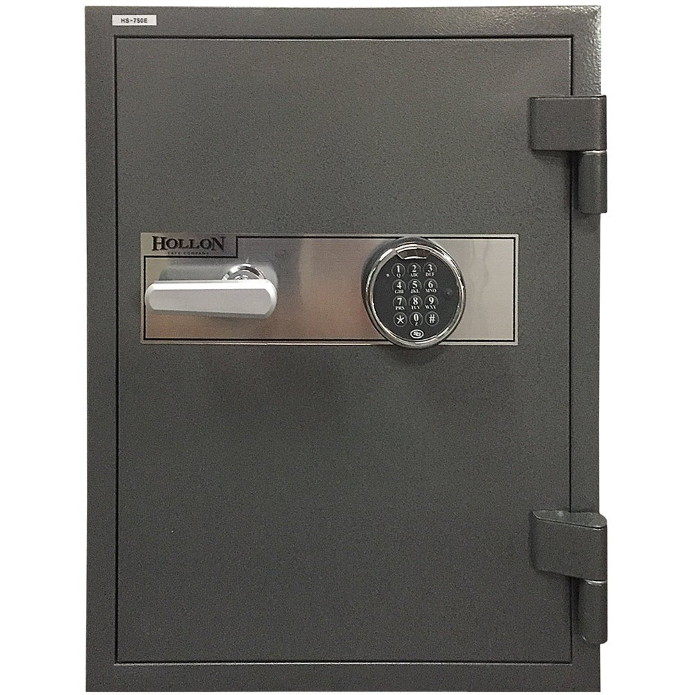 Hollon HS-750E 2-hour fireproof office safe in solid gray with S&G digital electronic keypad on the door front, chrome three-spoke handle, 2-hour fire rating at 1,700 degrees Fahrenheit, 297 pounds, 27 by 21-inch upright cabinet