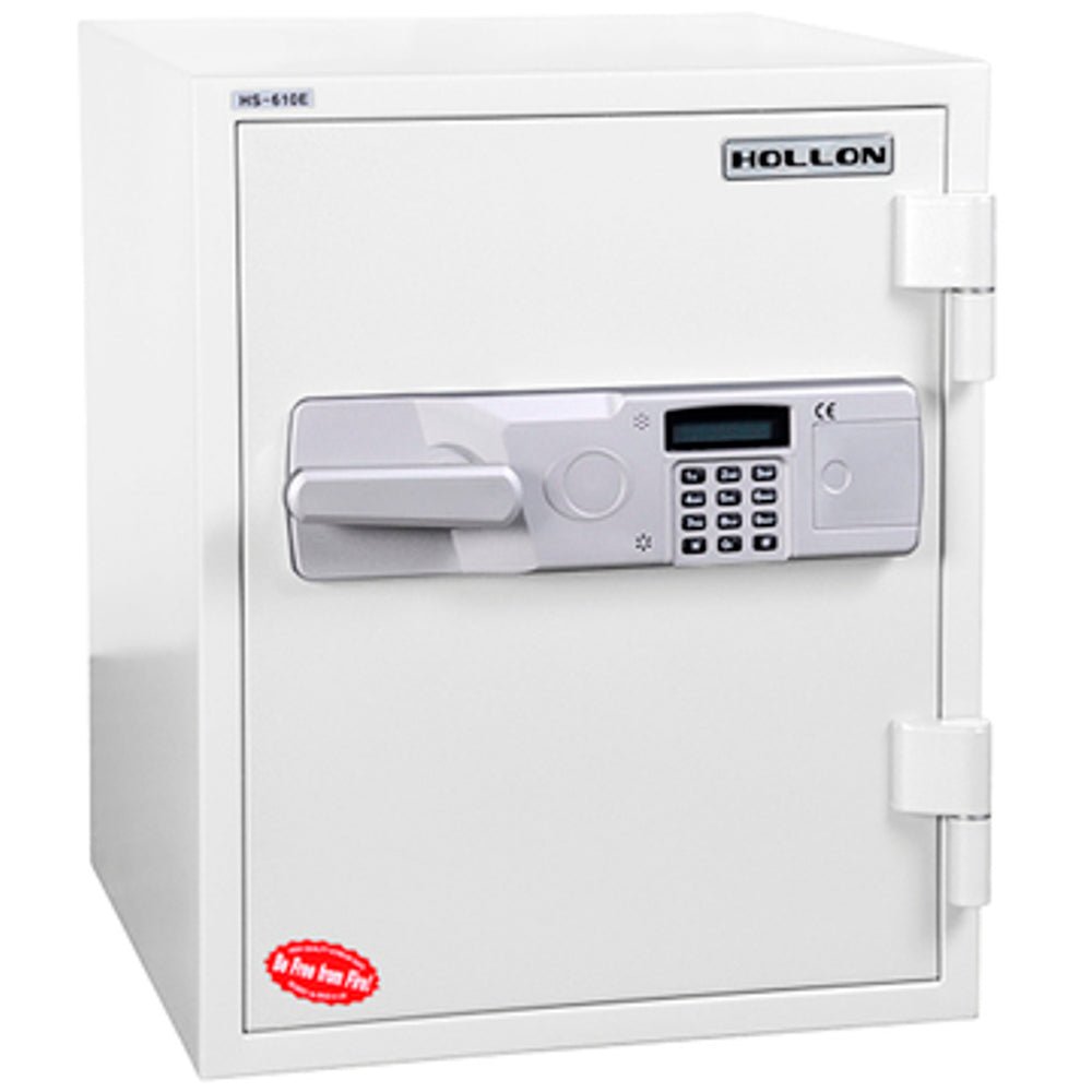 Hollon HS-610E fireproof home and office safe in white with digital electronic keypad, LCD display, ergonomic chrome pull handle, Hollon logo on the door, external hinges on the right side, HS-610E model label at top left, CE certification mark, and 'So Free from Fire' certification badge, front closed view
