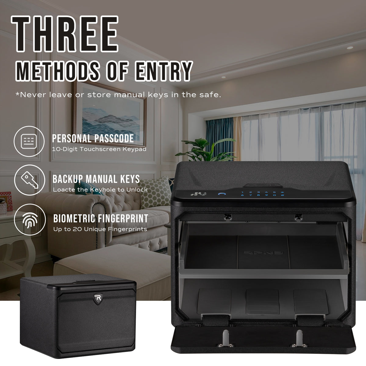 RPNB RP2009 Fingerprint High Capacity Dual-Layer Handgun Safe with Biometric Scanner Three Methods of Entry
