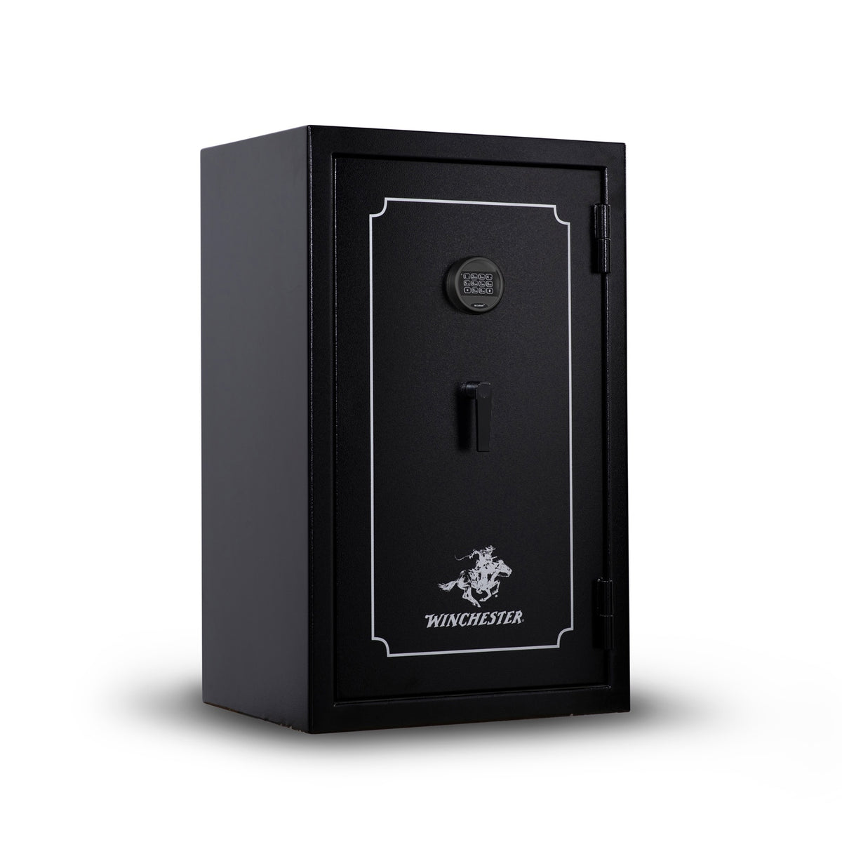 Winchester WH12 home and office safe in black with SECURAM electronic keypad, black single lever handle, and Winchester badge