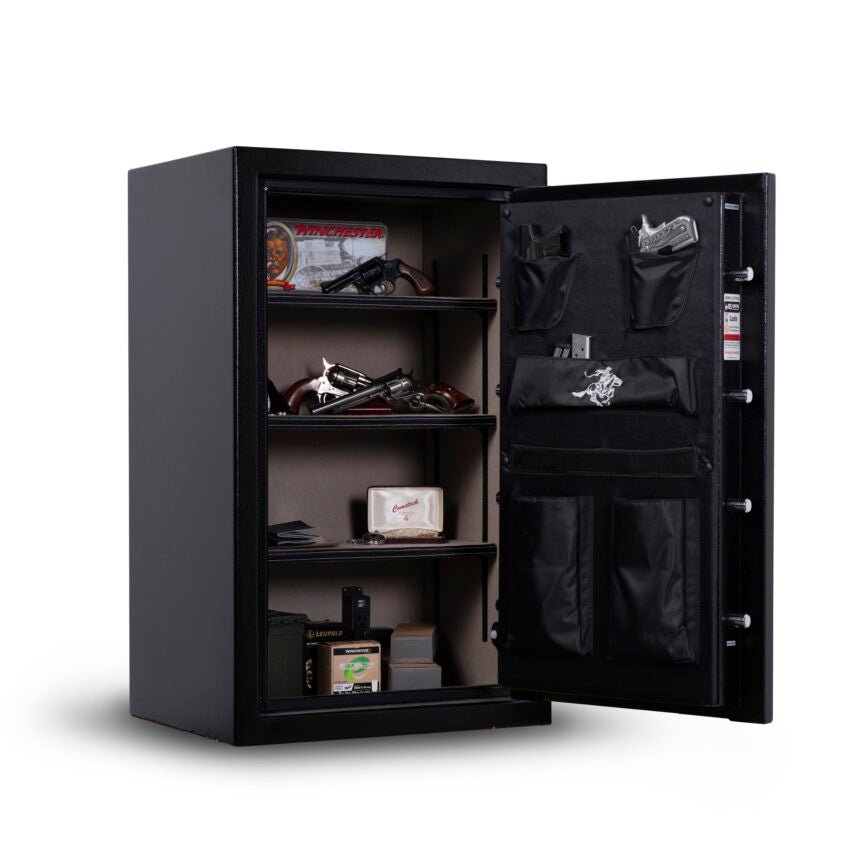 Winchester WH12 interior with revolvers on adjustable shelves, Winchester ammo box, Comstock jewelry box, and door organizer