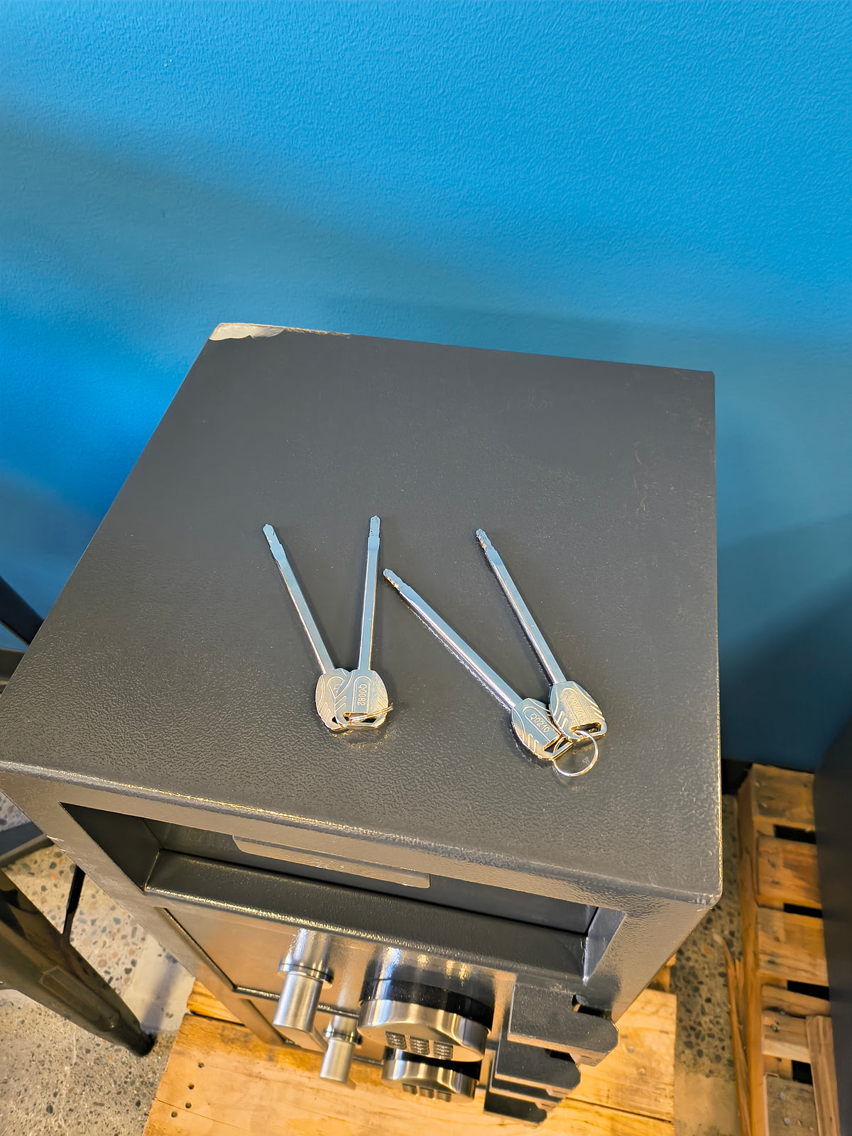 Blemished Protex FDD-3214 II top of safe with pair of override keys for both doors.