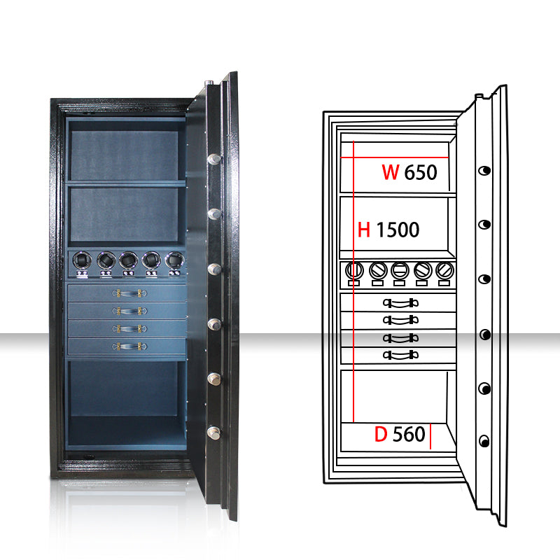 JB Large Watch Winder & Jewelry Safe Fireproof 4 Jewelry Drawers & 5 Watch Winders Door Wide Open