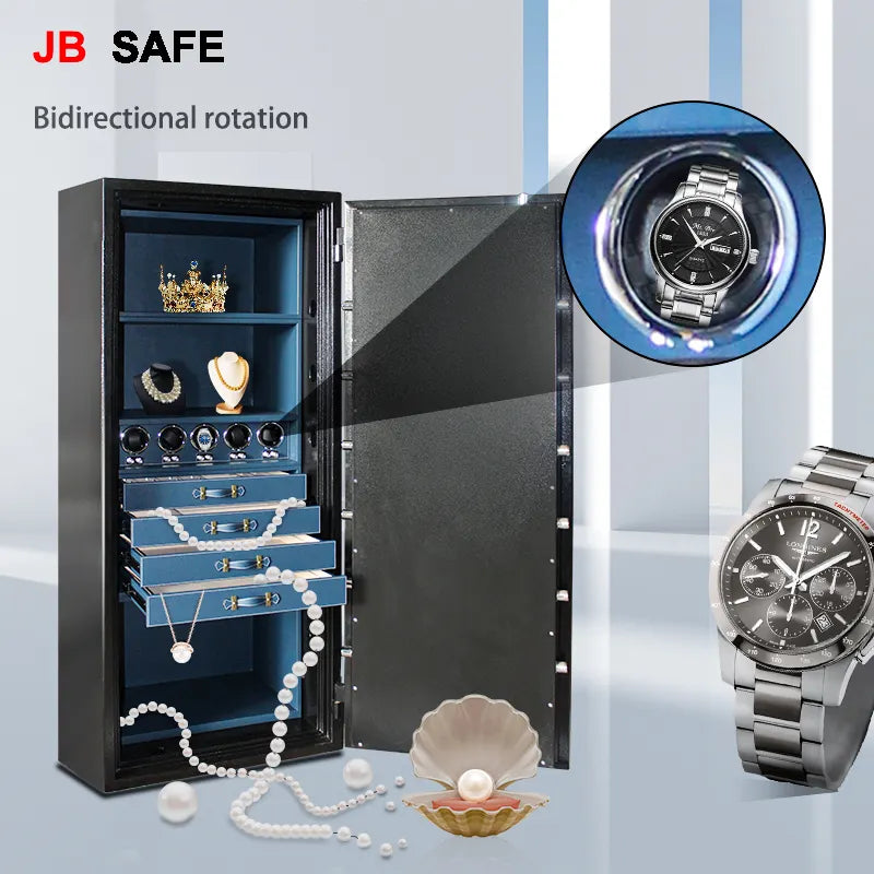 JB Large Watch Winder & Jewelry Safe Fireproof 4 Jewelry Drawers & 5 Watch Winders Door Wide Open