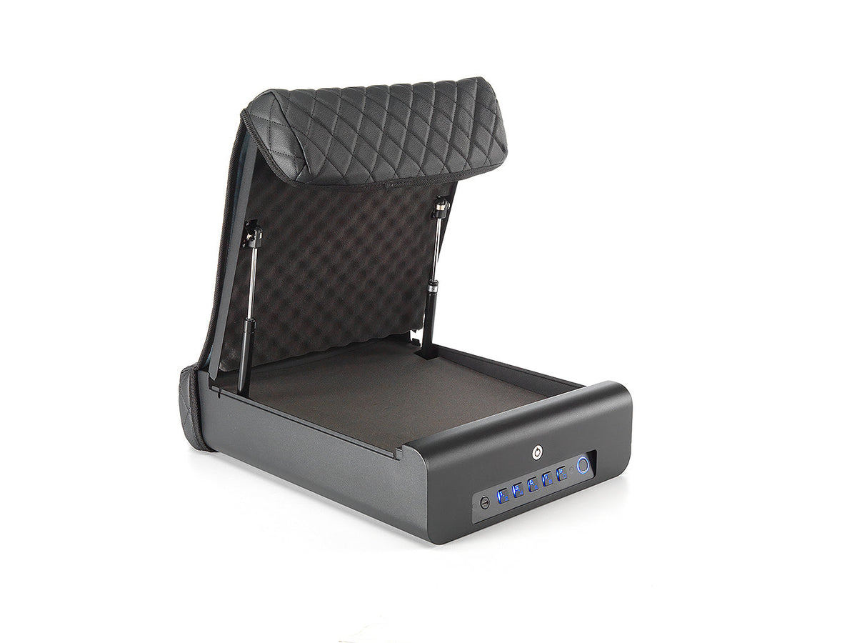 Black quilted leather car seat cover on a white background