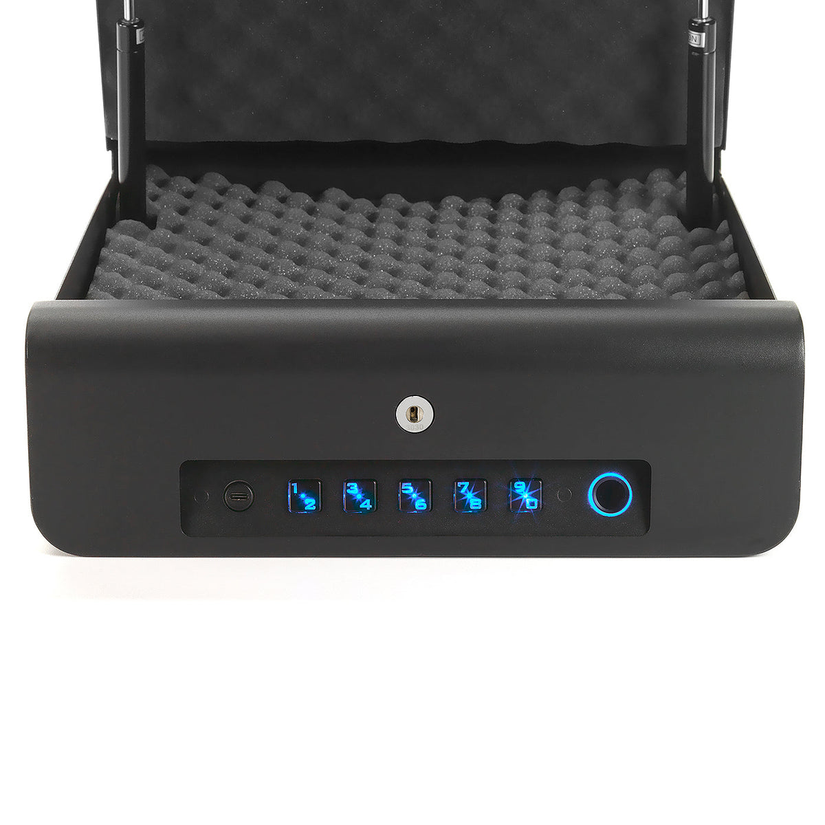 BoostedSafe Elite Vehicle Gun Safe open front view on white background showing egg-crate foam interior lining and lower control panel with glowing blue fingerprint sensor ring, key lock, and digit keypad