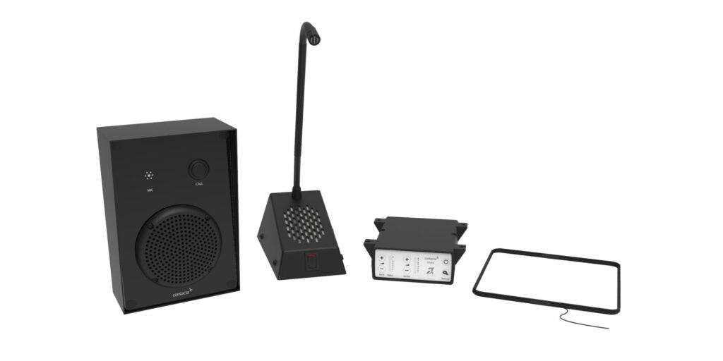 Contacta STS-K009-IP-L-B kit: black outdoor call unit, gooseneck staff unit, amplifier, and hearing loop aerial