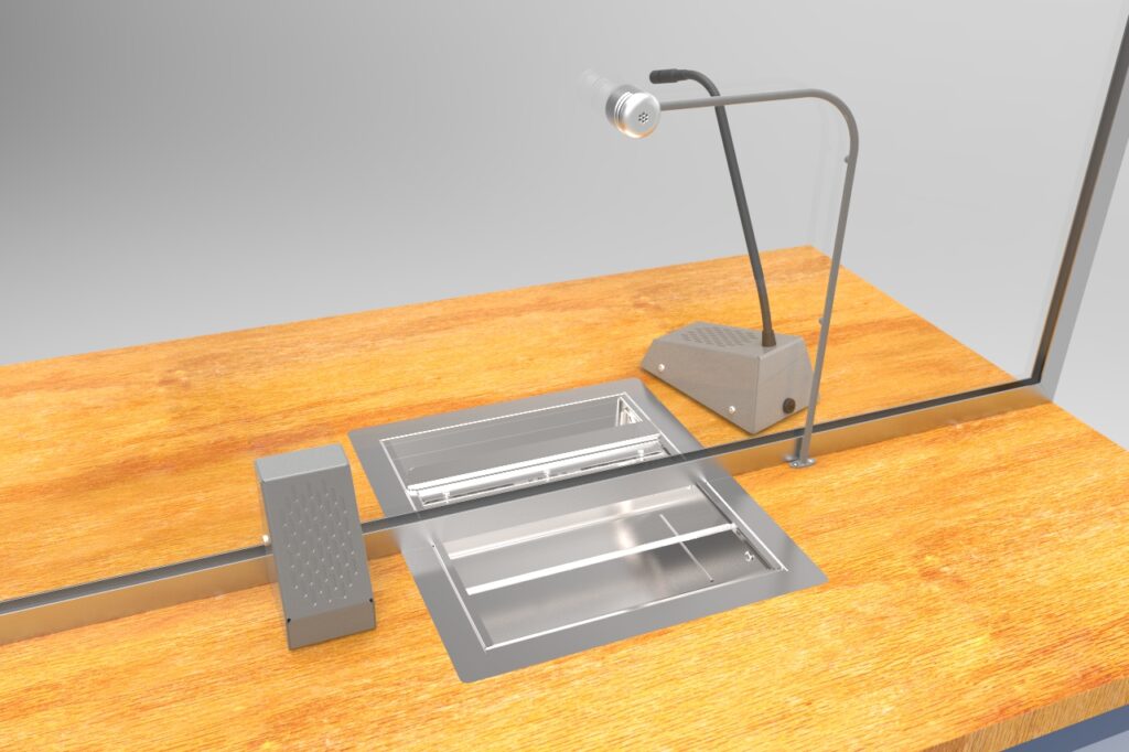 3D illustration of the STS-K058 with curved-tubing customer microphone, surface-mount speaker, and pass-through cash tray