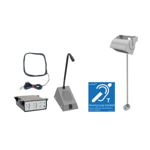 Contacta STS-K064 anti-vandal window intercom kit components including the STS-A31H amplifier, STS-SU1 staff unit with gooseneck microphone, STS-S23 overhead speaker, IL-AE99 under-counter hearing loop aerial, and blue hearing loop T-coil identification sign