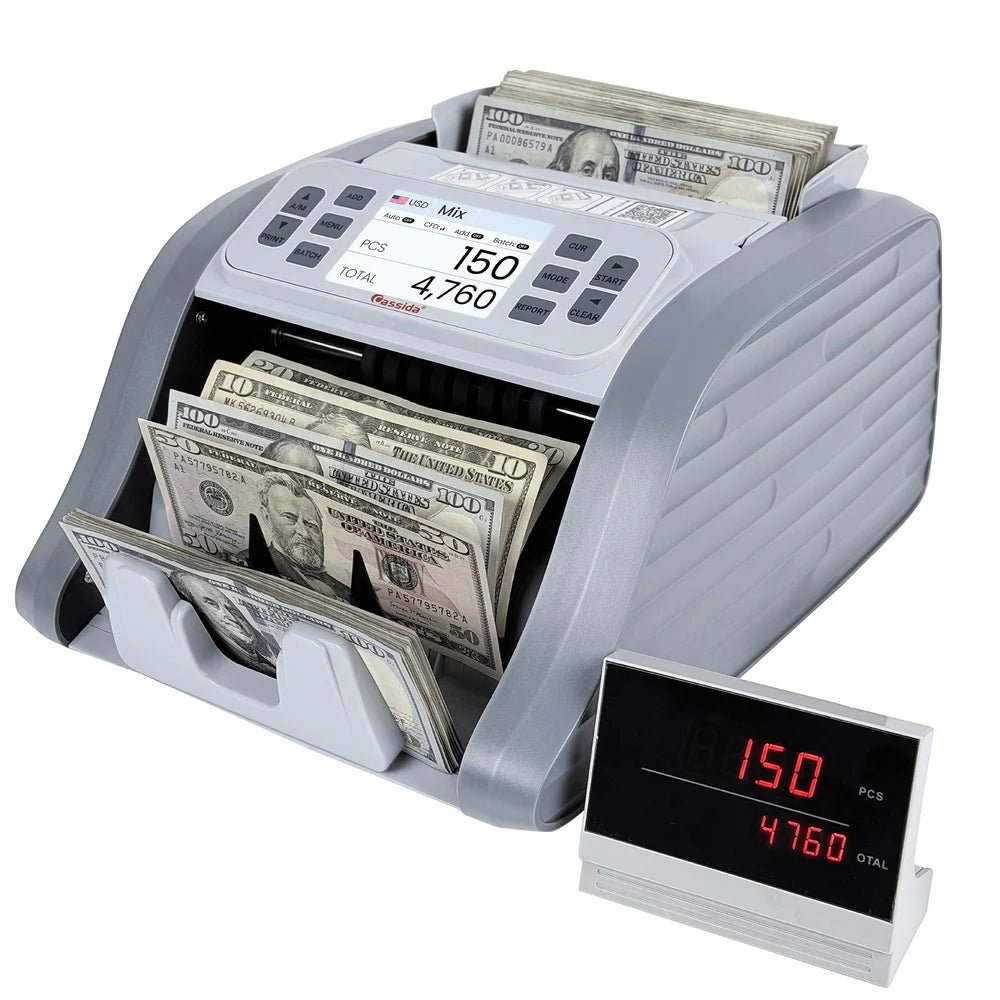 Cassida CRS 7200 counting a mixed stack of 150 bills totaling $4,760 on the color TFT and external customer display