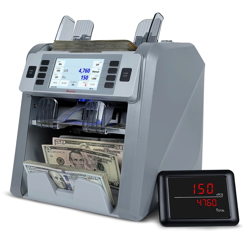 Cassida CRS 9500 2-pocket counter with 4.3-inch touch screen and external display showing 150 bills totaling $4,760