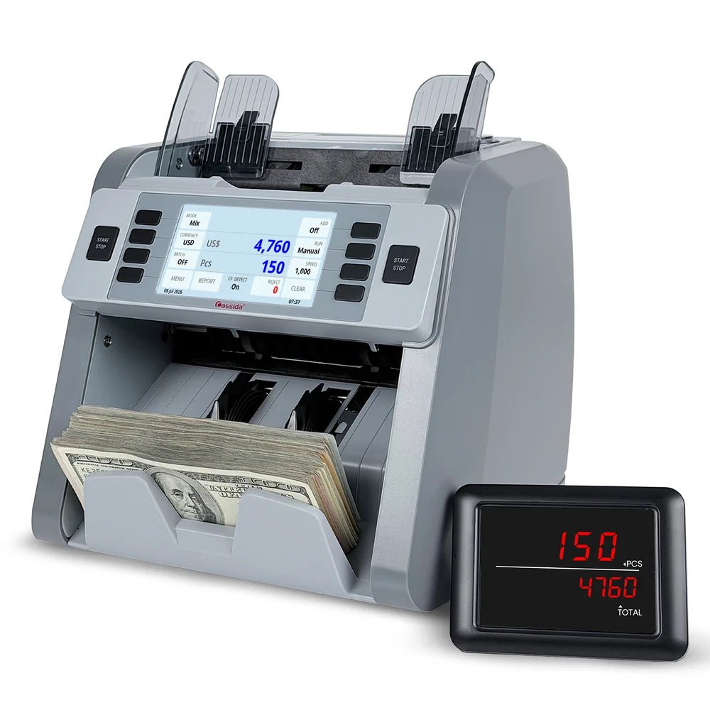 Cassida CRS 8500 Professional counter with 4.3-inch touch screen and external display showing 150 bills totaling $4,760