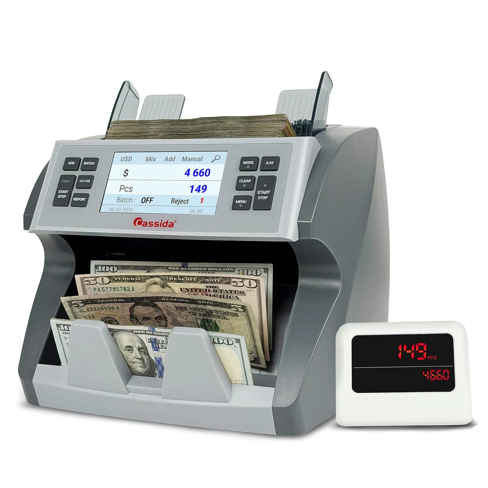 Cassida CRS 7500 counting a mixed stack of 149 bills totaling $4,660 on the TFT and external customer display