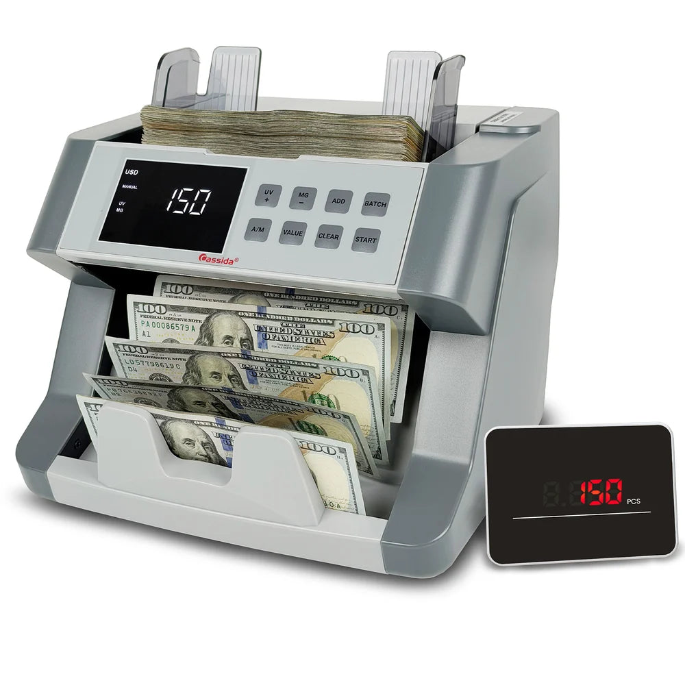Cassida CRS 6200 top-loading bill counter with $100 bills loaded, TFT display showing count, and separate external display