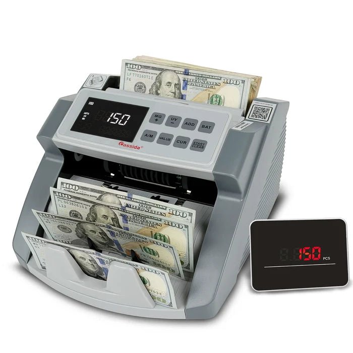 Cassida CRS 1000 bill counter with $100 bills loaded, LED display reading 150, control panel, and external customer display