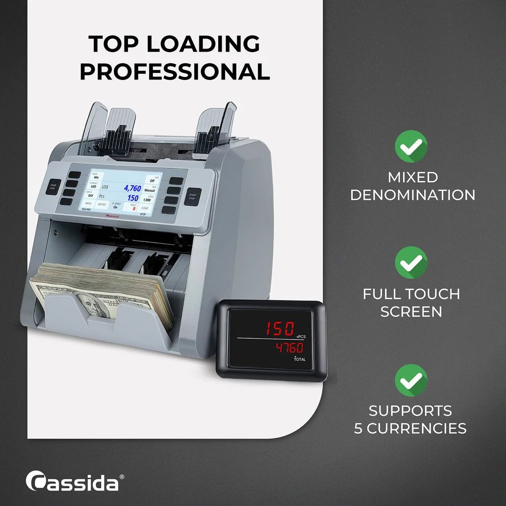 Cassida CRS 8500 top-loading Professional discriminator with mixed denomination, touch screen, and five-currency support