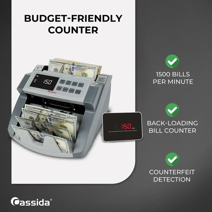 Cassida CRS 1000 infographic labeled Budget-Friendly Counter, with 1,500 bills per minute and counterfeit detection