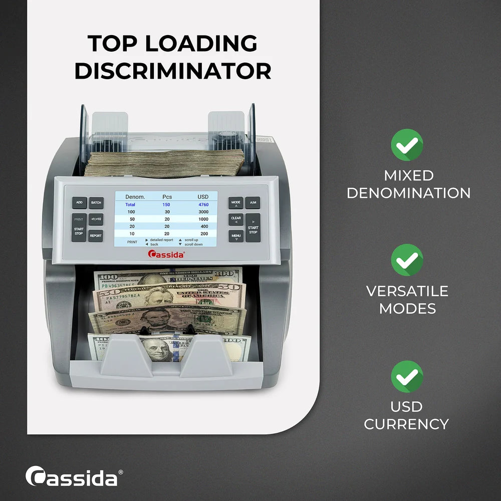 Cassida CRS 7500 top-loading mixed-denomination discriminator with versatile counting modes and USD currency support