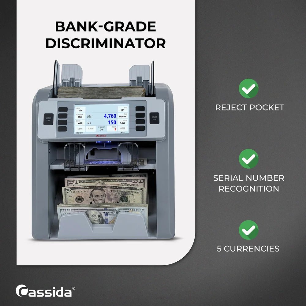 Cassida CRS 9500 bank-grade discriminator with reject pocket, serial number recognition, and 5-currency support