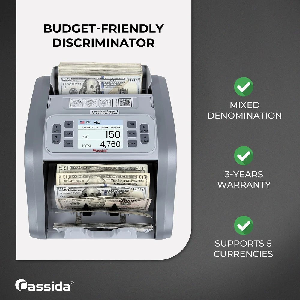 Cassida CRS 7200 mixed-denomination bill discriminator with 3-year warranty and support for five international currencies