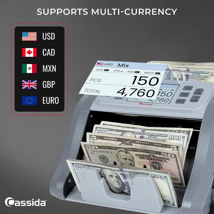 Cassida CRS 7200 multi-currency support for US dollar, Canadian dollar, Mexican peso, British pound, and euro cash counting