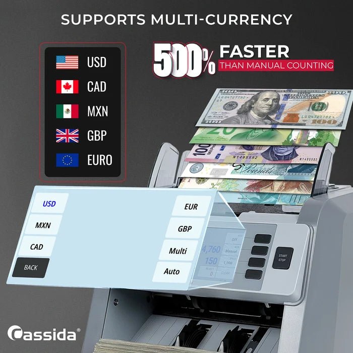 Cassida CRS 8500 multi-currency support for US dollar, Canadian dollar, Mexican peso, British pound, and euro cash counting