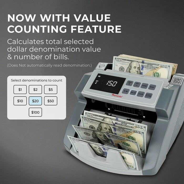 Cassida CRS 1000 Value Counting feature infographic showing denomination selection buttons and dollar value totals on the LED